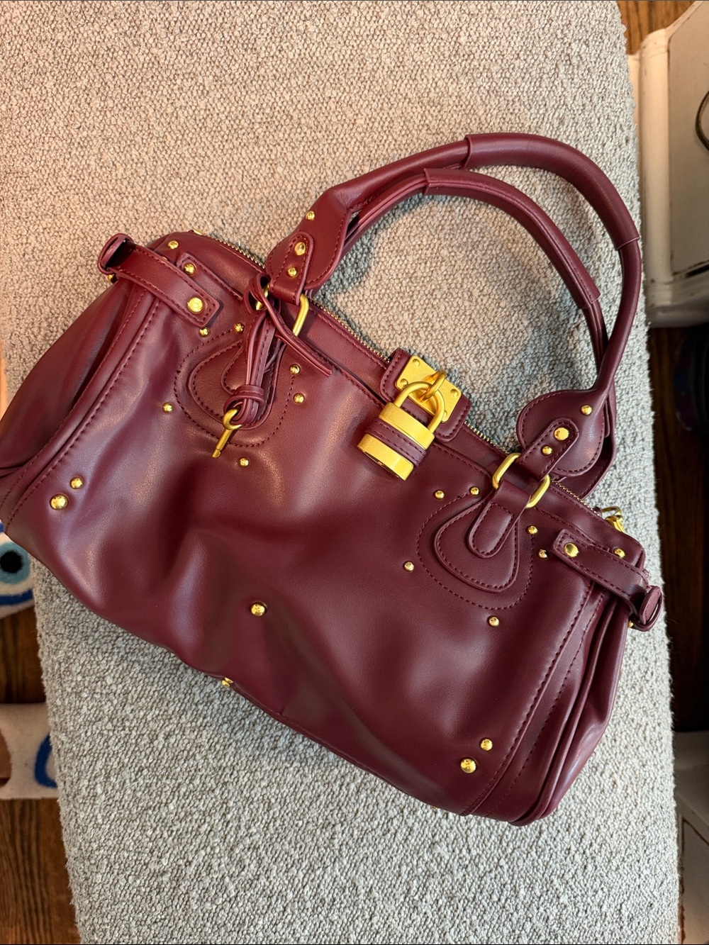 “Chloe” Women's Burgundy Satchel Handbag with Gold Hardware